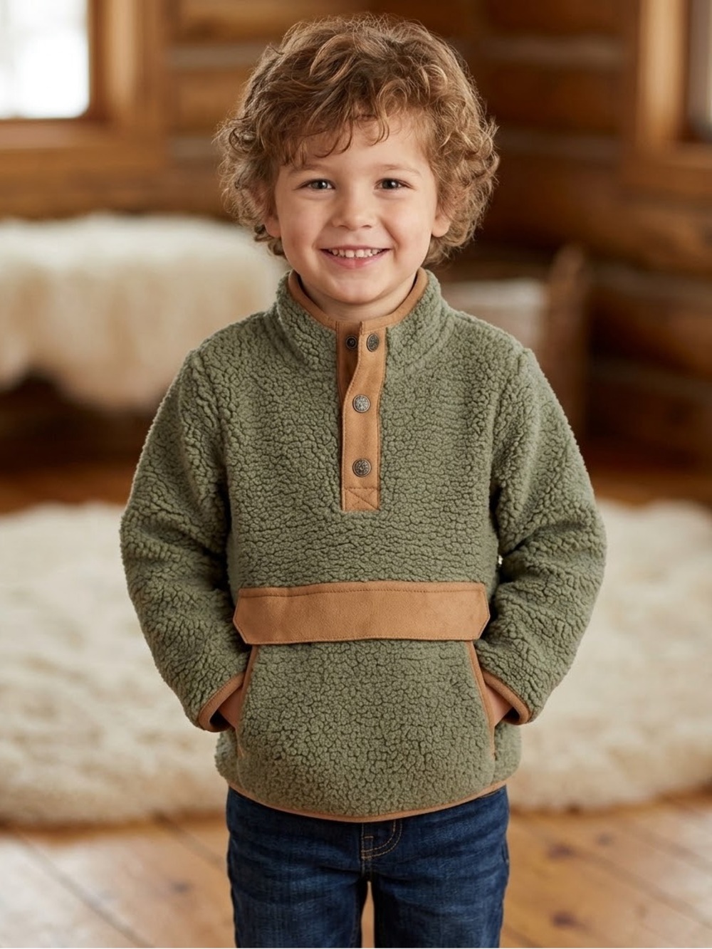 Gymboree Olive Sherpa Pullover with Tan Trim